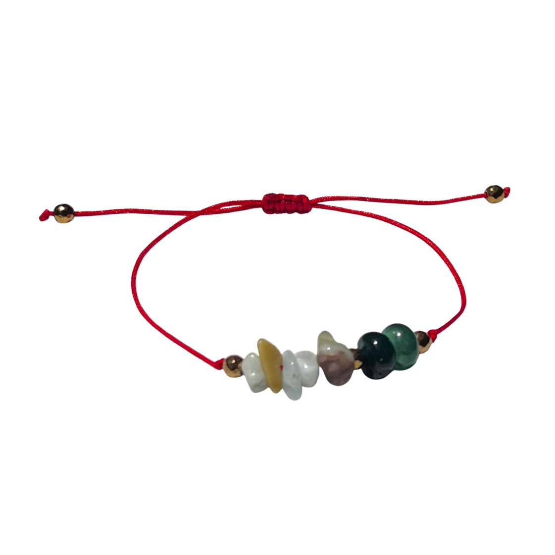 Fluir Natural. Pulsera de hilo rojo con amazonita y jade verde