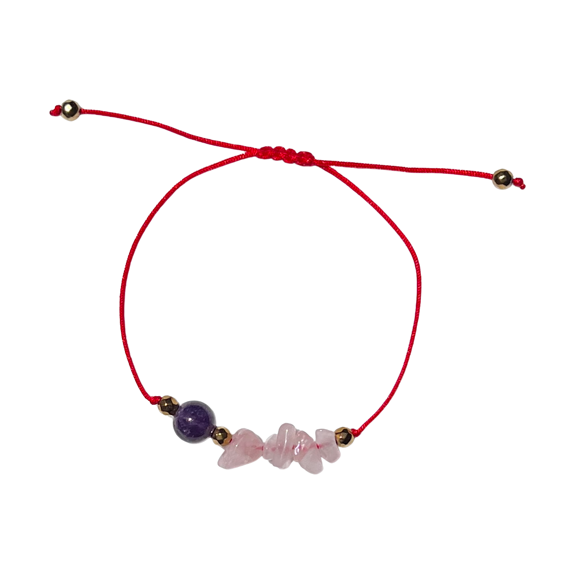 Armonía Interior. Pulsera de hilo rojo con cuarzo rosa y amatista
