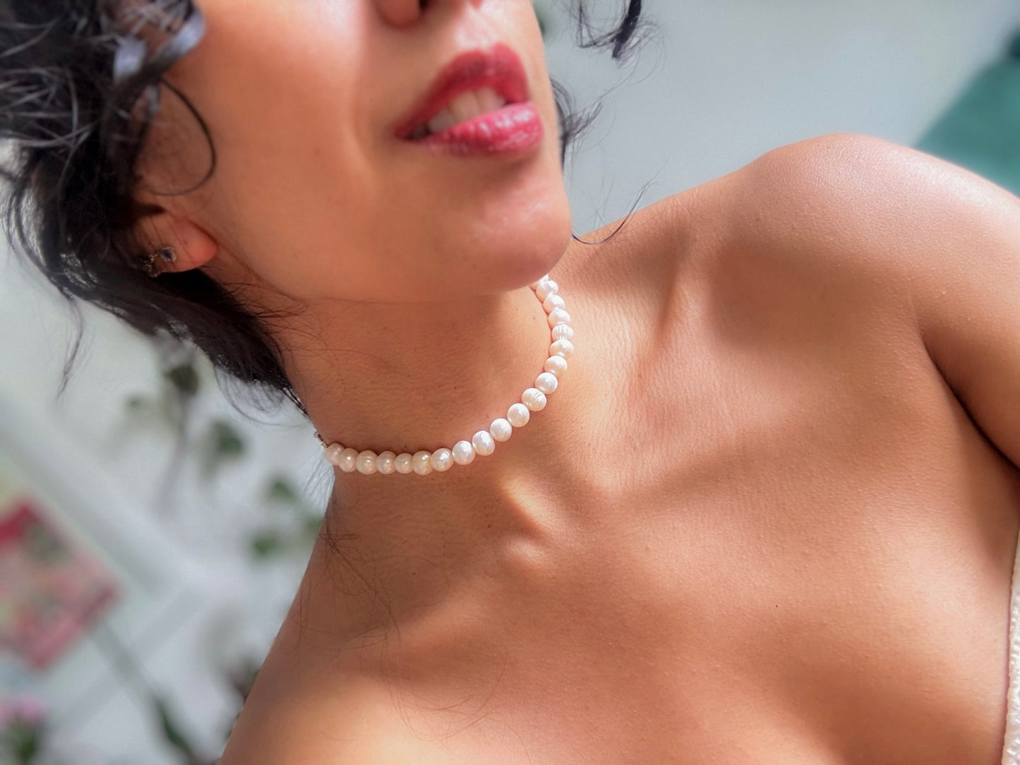 Coral. Collar con perlas