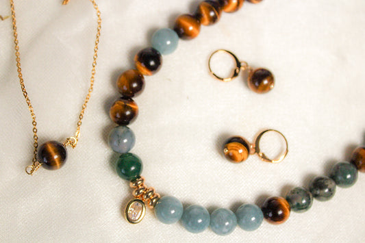 Chocker de jade, ágata musgo y ojo de tigre