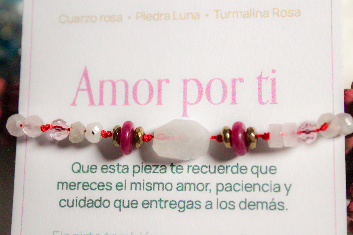 Amor por ti. Pulsera cuarzo rosa, piedra luna y turmalina rosa