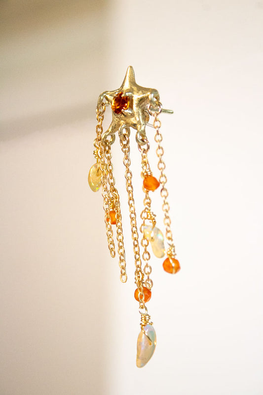 Iluminación. Aretes de luna y estrellas con citrino, ópalo y cornalina
