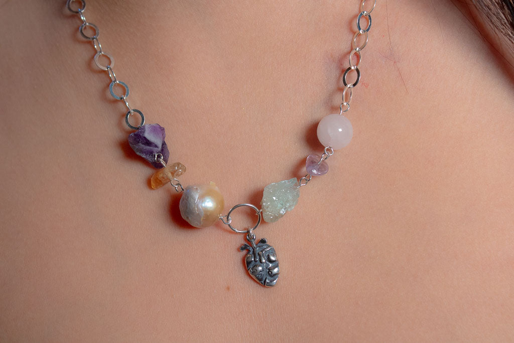 Collar perla, amatista y aguamarina en plata