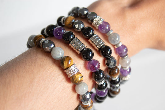 Seguridad y Energía Positiva. Pulsera con ojo de tigre, cuarzo ahumado y cuarzo blanco