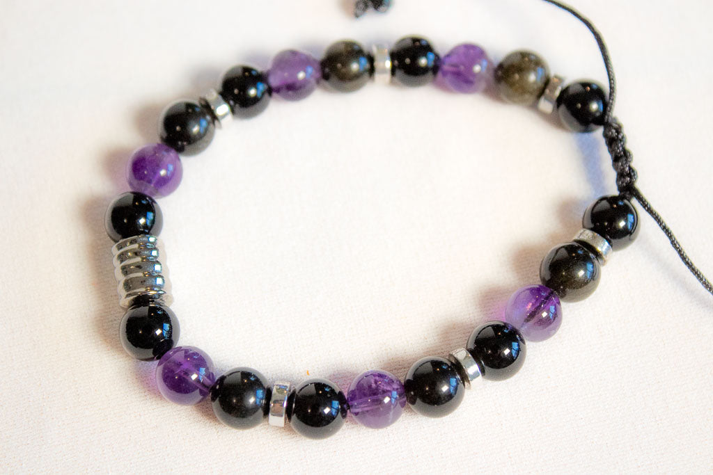 Protección Energética. Pulsera con obsidiana, turmalina negra y amatista.