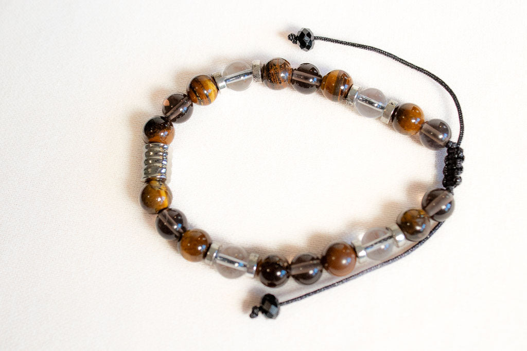 Seguridad y Energía Positiva. Pulsera con ojo de tigre, cuarzo ahumado y cuarzo blanco