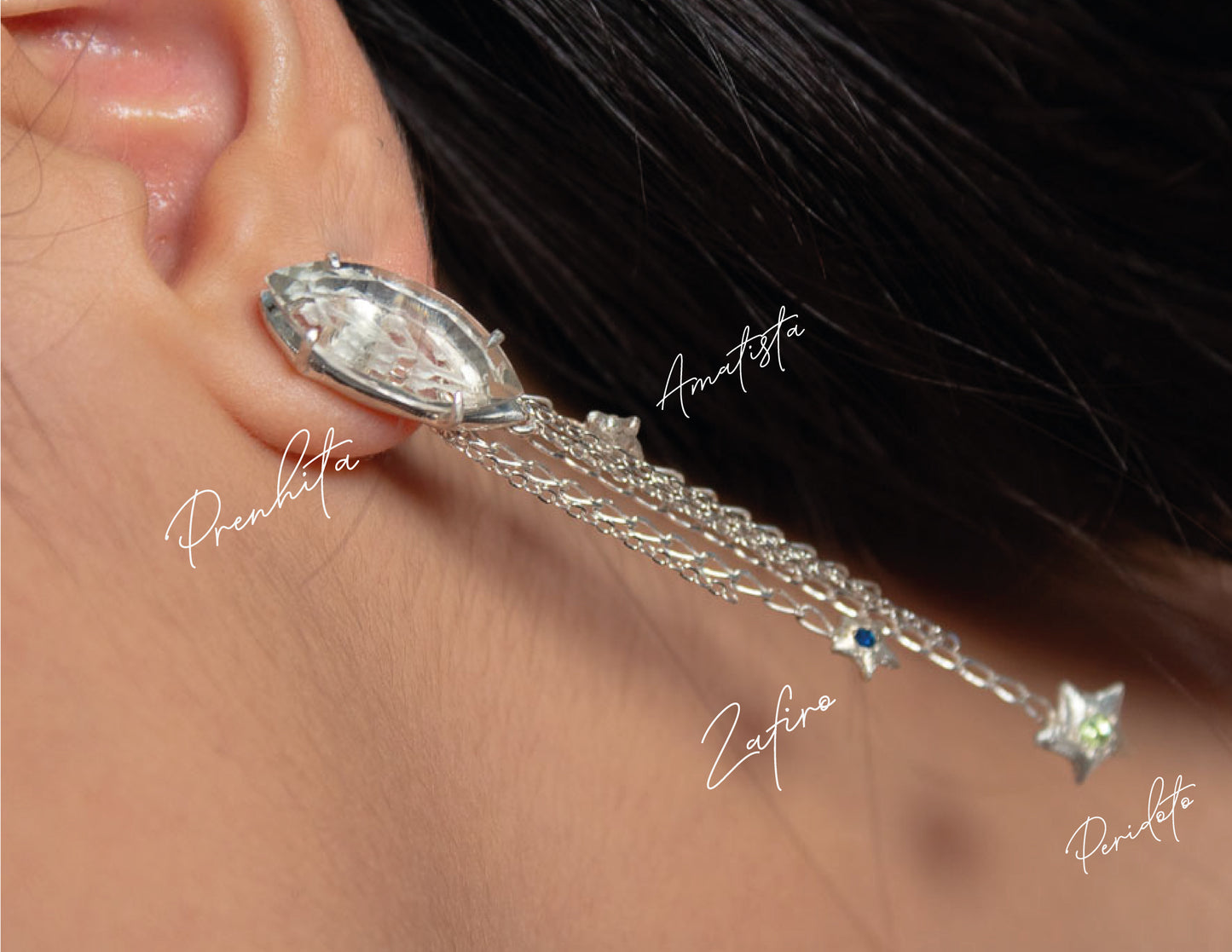 Celebración. Arete unitario con prasiolita, zafiro, amatista y peridoto.