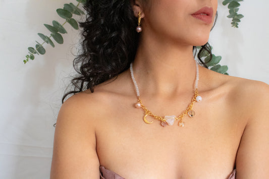 Sutil. Collar con herkimer, czo rosa, turmalina y perla