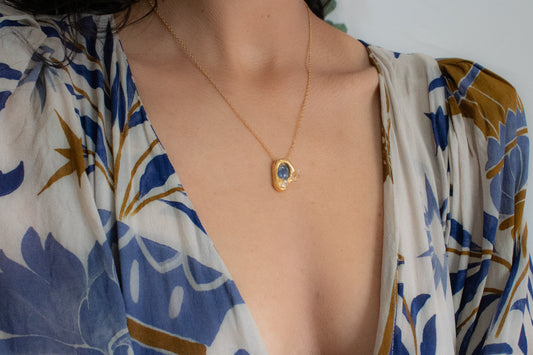 Sueños. Collar con cianita, herkimer y calcopirita