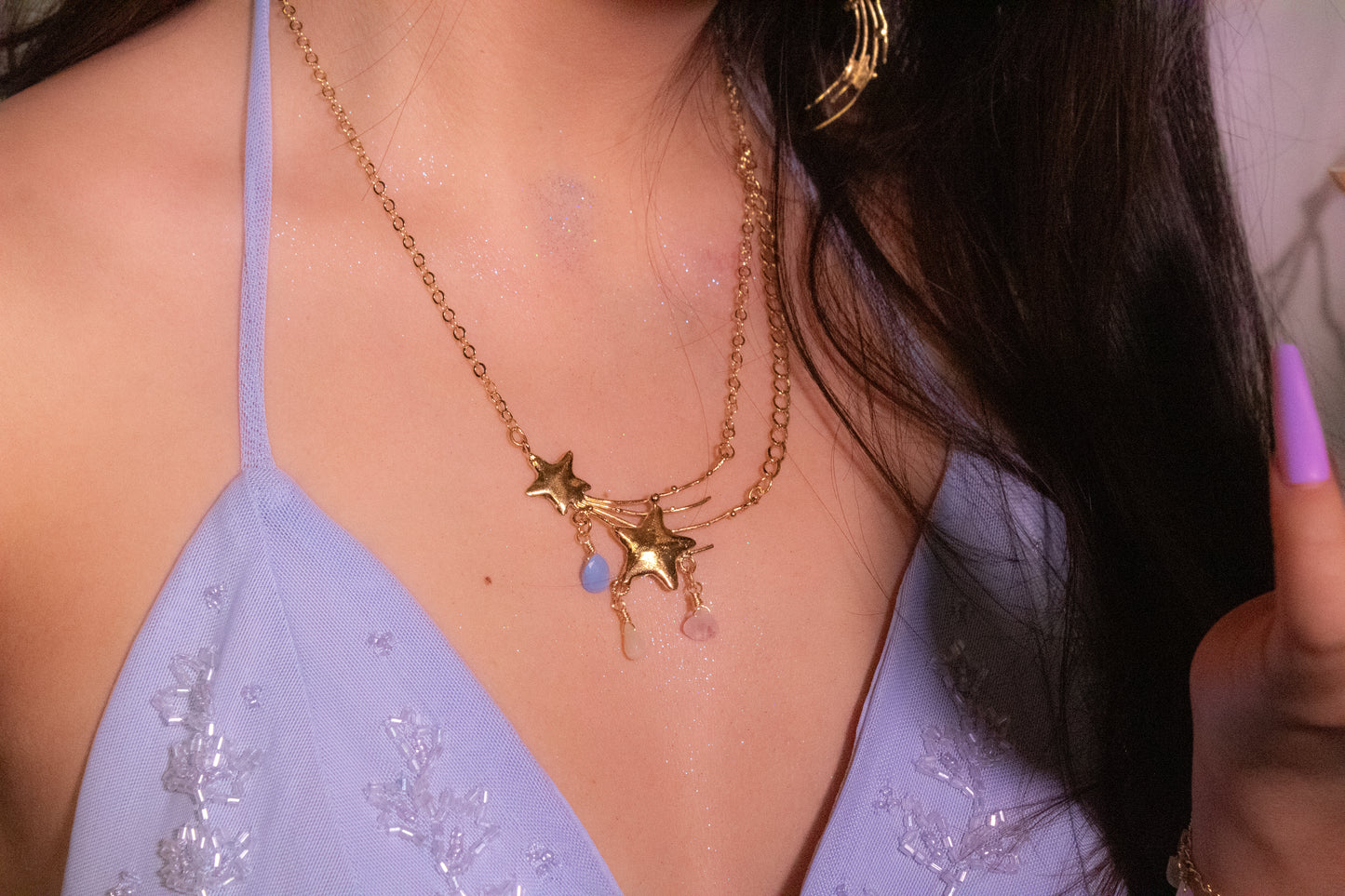 Anayatzin. Collar con gotas de ópalo peruano, ópalo fuego y cuarzo rosa