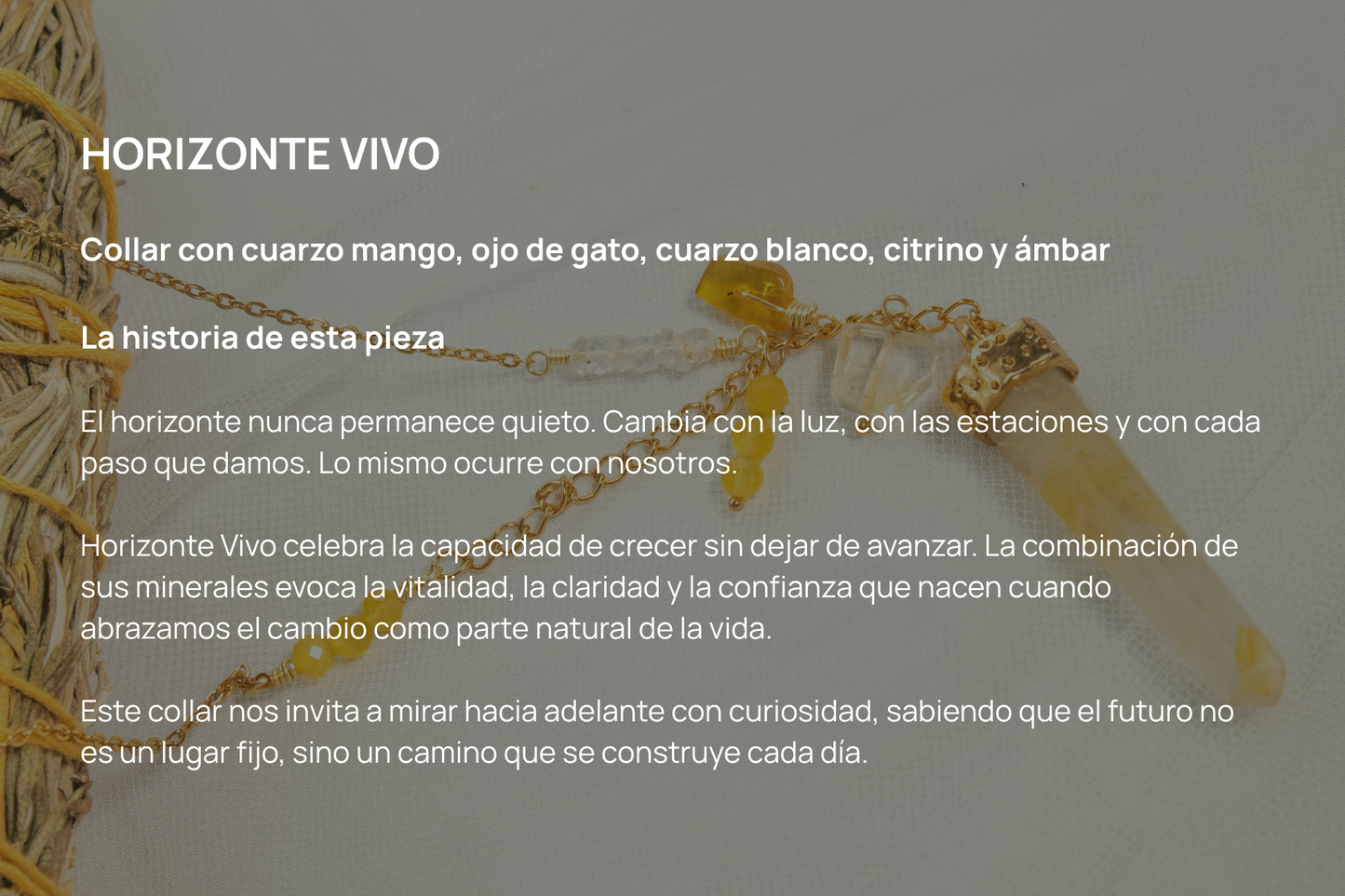 Horizonte Vivo. Collar con cuarzo mango, ojo de gato, cuarzo blanco, citrino y ámbar