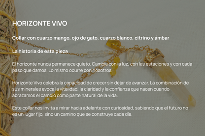 Horizonte Vivo. Collar con cuarzo mango, ojo de gato, cuarzo blanco, citrino y ámbar