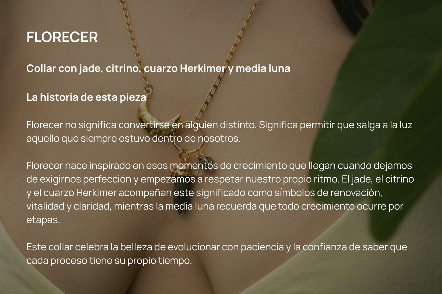 Florecer. Collar con jade, citrino, cuarzo herkimer y conector de media luna