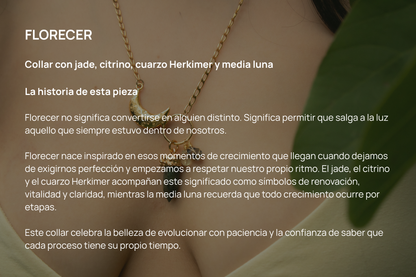 Florecer. Collar con jade, citrino, cuarzo herkimer y conector de media luna