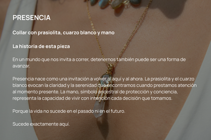 Presencia. Collar con prasiolita, topacio blanco y mano