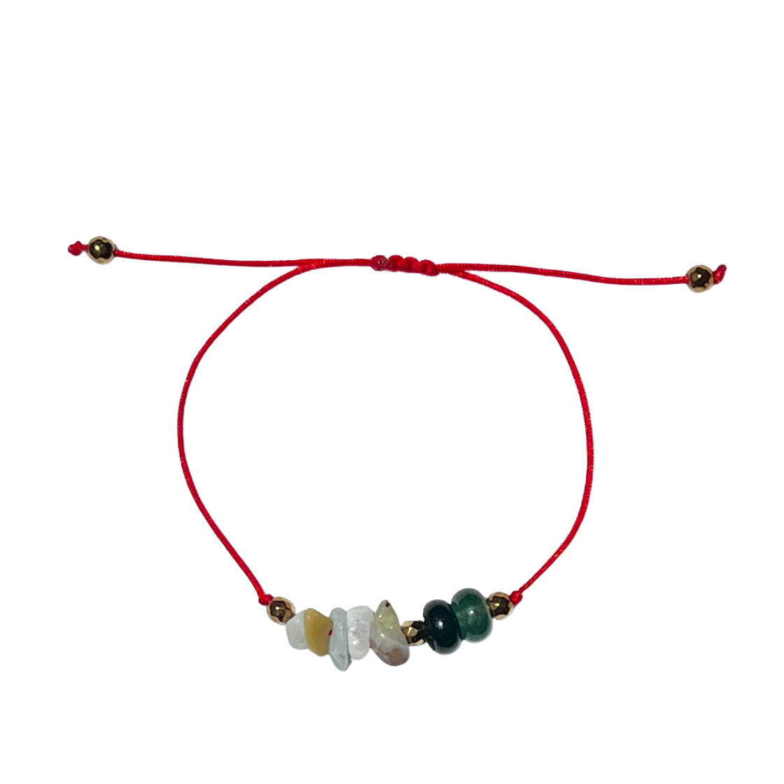 Fluir Natural. Pulsera de hilo rojo con amazonita y jade verde