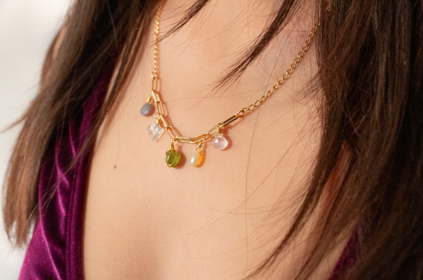 Euphrosyne. Necklace with peridot, opal, rose quartz, white quartz and labradorite.