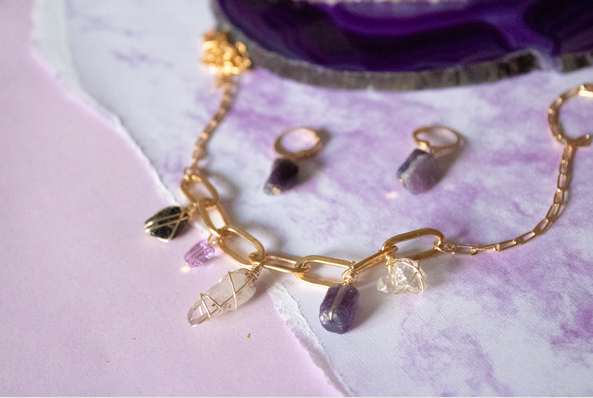 Air. Necklace with herkimer, fluorite, amethyst and chalcopyrite