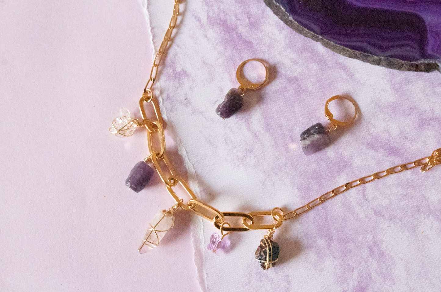 Air. Necklace with herkimer, fluorite, amethyst and chalcopyrite