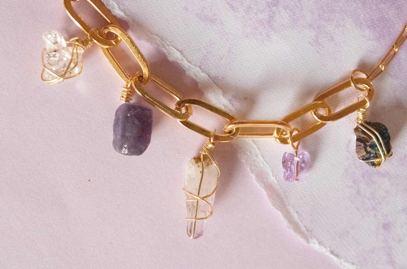 Air. Necklace with herkimer, fluorite, amethyst and chalcopyrite