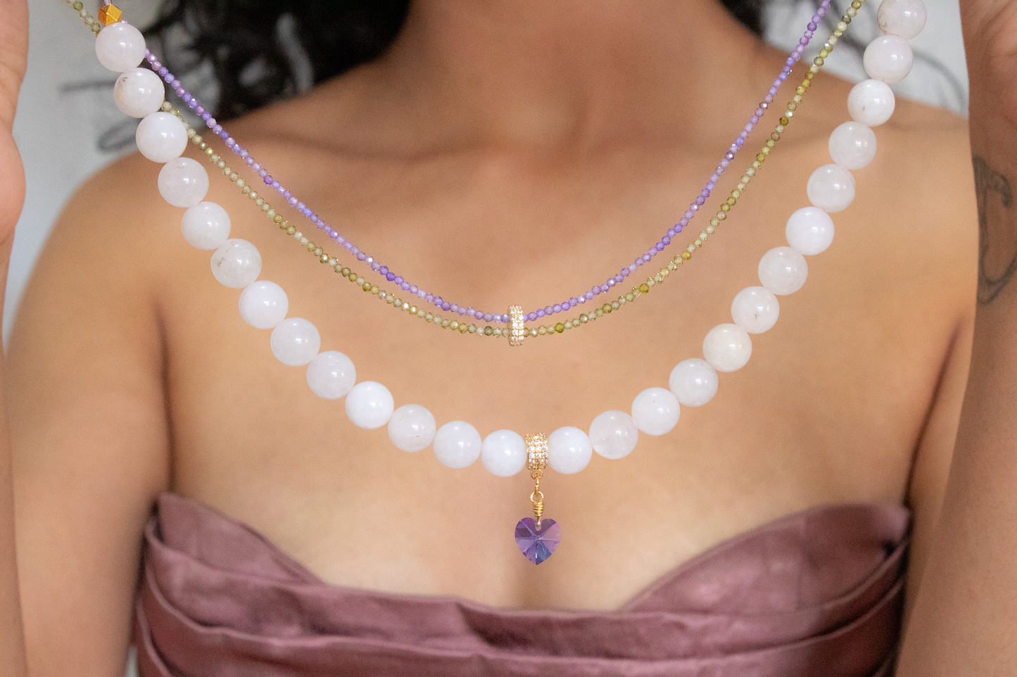 Bloom. Necklace with zircons and rose quartz.