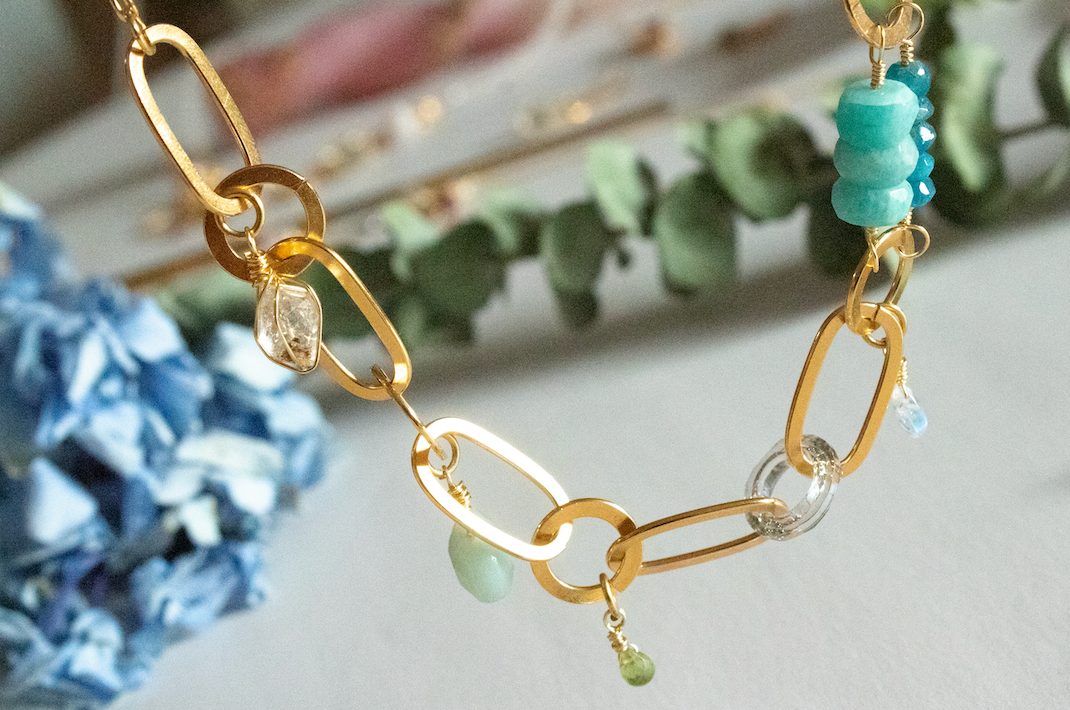 Marea. Choker with apatite, amazonite, moonstone, peridot