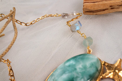 Mar Abierto. Collar con aguamarina, labradorita, cuarzo herkimer, dije de sirena