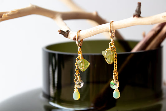 Joy. Peridot and Opal Huggie Earrings