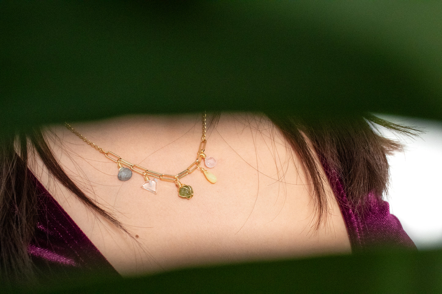 Euphrosyne. Necklace with peridot, opal, rose quartz, white quartz and labradorite.