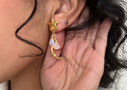 Luna Rosa. Aretes con piedra luna, cuarzo rosa y morganita