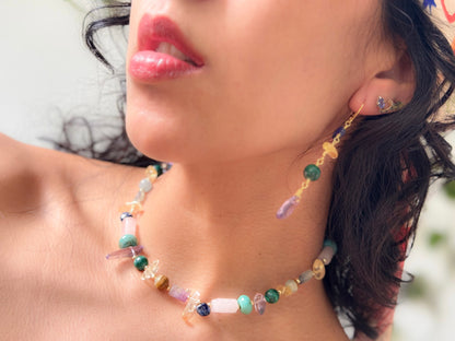 Cosmos. Collar con lapislázuli, cuarzo rosa, turquesa, amatista, malaquita, citrino, ojo de tigre y fluorita