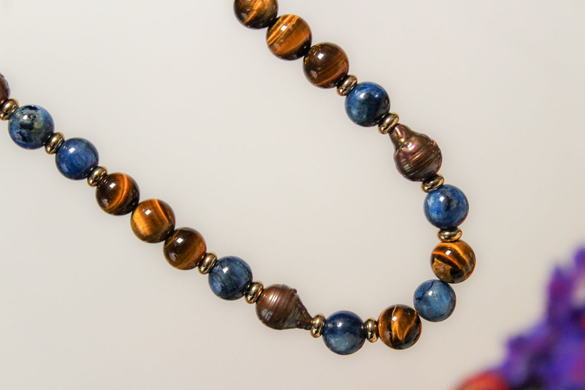 Chocker de cianita, ojo de tigre y perla