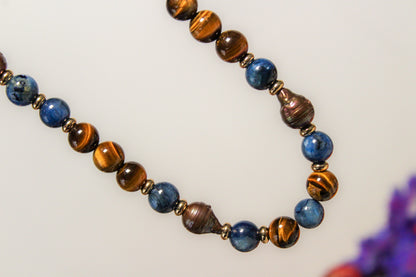 Chocker de cianita, ojo de tigre y perla