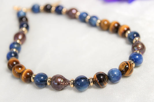 Chocker de cianita, ojo de tigre y perla