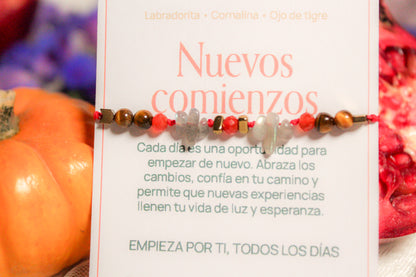 Nuevos comienzos. Pulsera de ojo de tigre, labradorita y cornalina