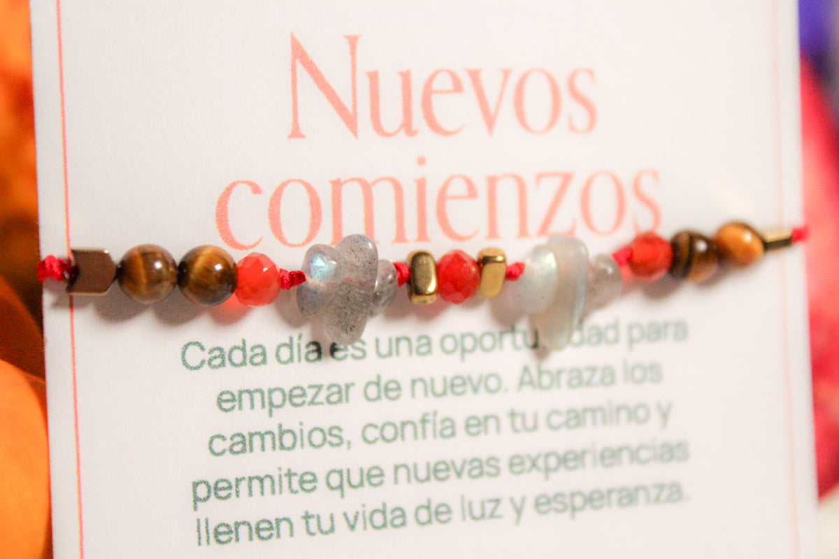 Nuevos comienzos. Pulsera de ojo de tigre, labradorita y cornalina