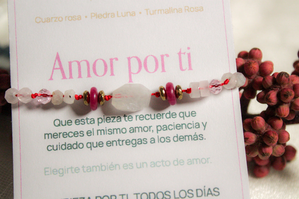 Amor por ti. Pulsera cuarzo rosa, piedra luna y turmalina rosa