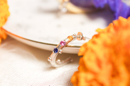 Arracadas de zafiro amarillo, azul y rosa en plata .925