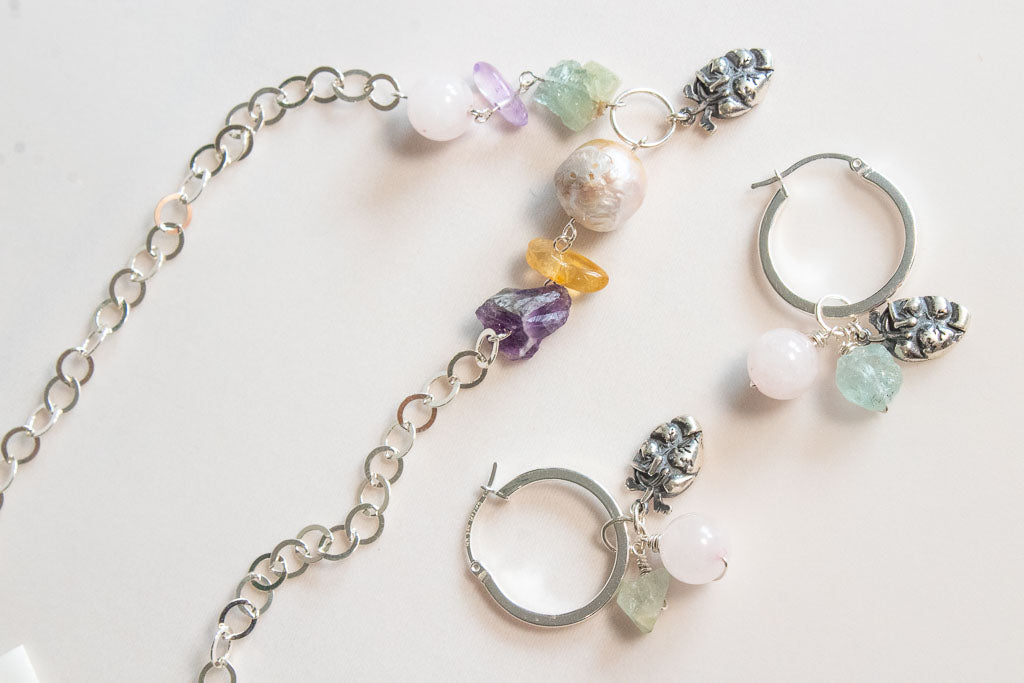 Collar perla, amatista y aguamarina en plata