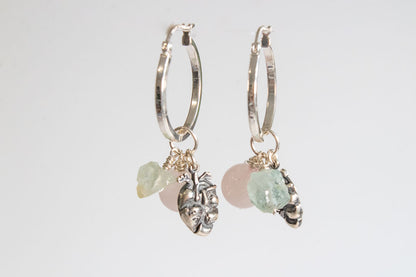 Aurora. Arracadas de plata .925 aguamarina, cuarzo rosa y dije de corazón