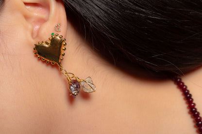 Corazón. Aretes con granate rústico y herkimer