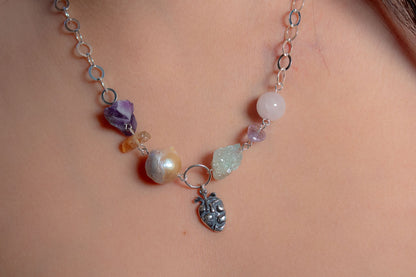 Collar perla, amatista y aguamarina en plata