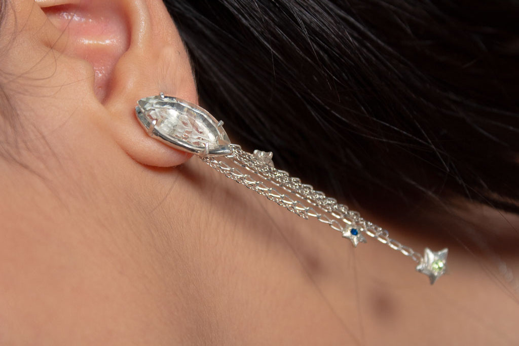 Celebración. Arete unitario con prasiolita, zafiro, amatista y peridoto.