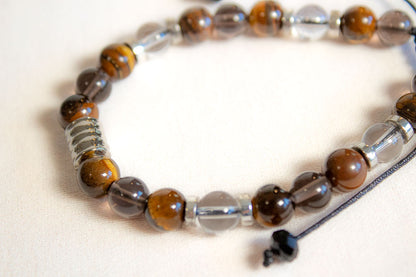 Seguridad y Energía Positiva. Pulsera con ojo de tigre, cuarzo ahumado y cuarzo blanco
