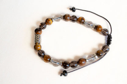 Seguridad y Energía Positiva. Pulsera con ojo de tigre, cuarzo ahumado y cuarzo blanco