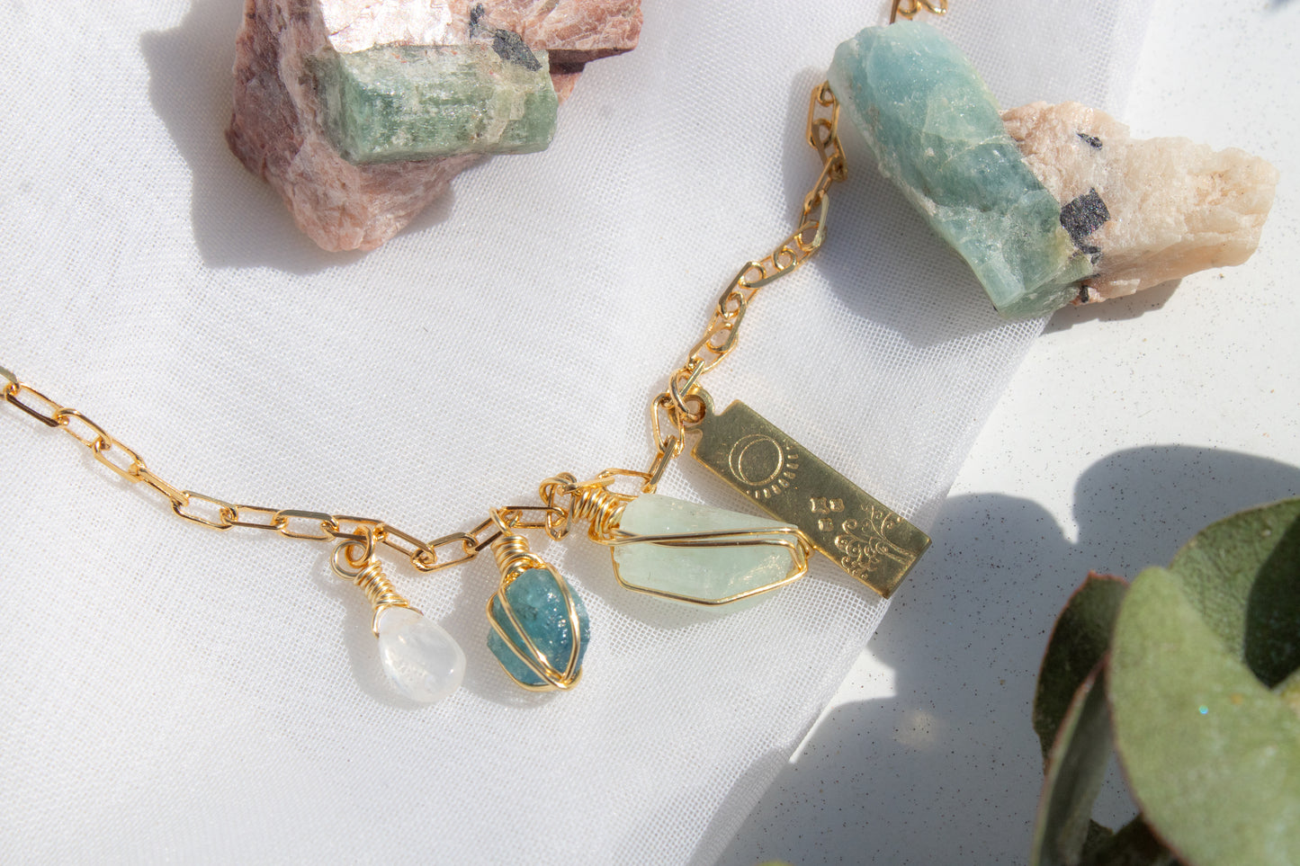 Tlaloc. Necklace with aquamarine, blue tourmaline and moonstone