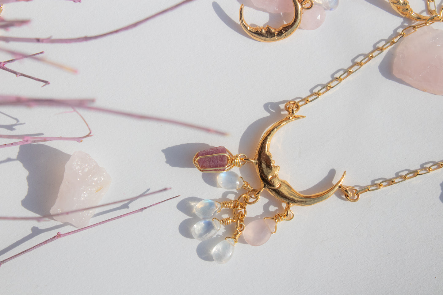 Pink Moon. Necklace with moonstone, ruby ​​and rose quartz