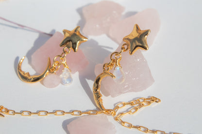 Luna Rosa. Aretes con piedra luna, cuarzo rosa y morganita