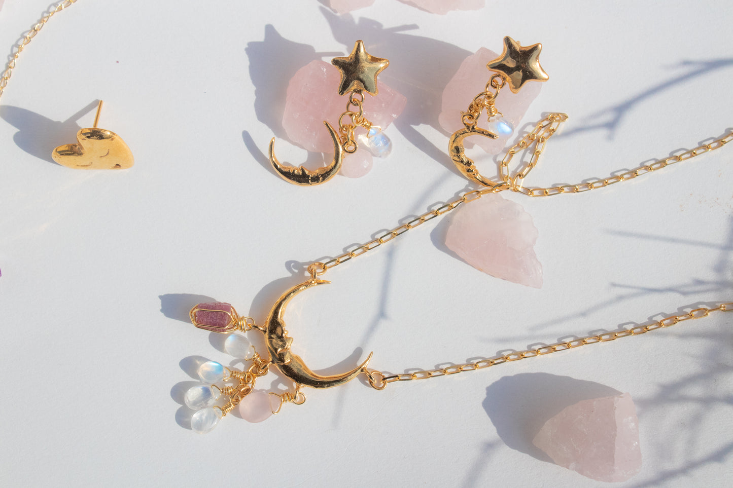 Pink Moon. Necklace with moonstone, ruby ​​and rose quartz