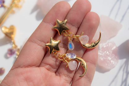 Luna Rosa. Aretes con piedra luna, cuarzo rosa y morganita